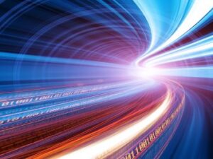 The image is an abstract representation of data traveling at high speed, often associated with concepts like the internet, quantum computing, or digital communication.