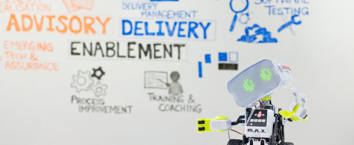 robot in front of a whiteboard