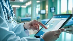 hand of a doctor working on the tablet in a hospital