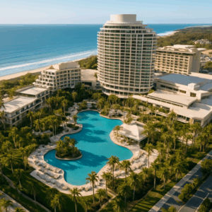 Aerial view of a large resort complex featuring multiple buildings, a large, free-form swimming pool with islands and surrounding lounge areas, numerous palm trees, and a sandy beach leading to the ocean in the background.