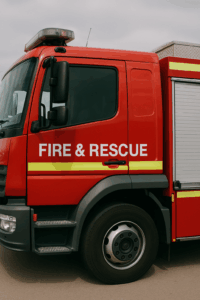 close up view of passenger door on large red and yellow truck with FIRE & RESCUE printed on the door