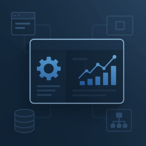 dark blue graphic of technology platform depicted by charts and organisation charts and report sheet and other images