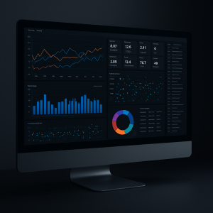monitor screen showing random graphs and tables, black background