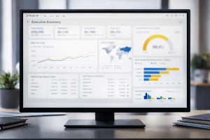 dashboard on computer screen showing various tables and graphs in colour