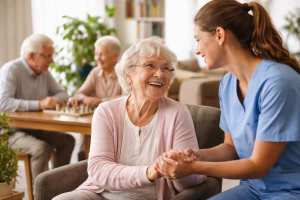 nurse holding hands of elderly female sitting in chair at aged care facility, with a couple sitting at table in the background